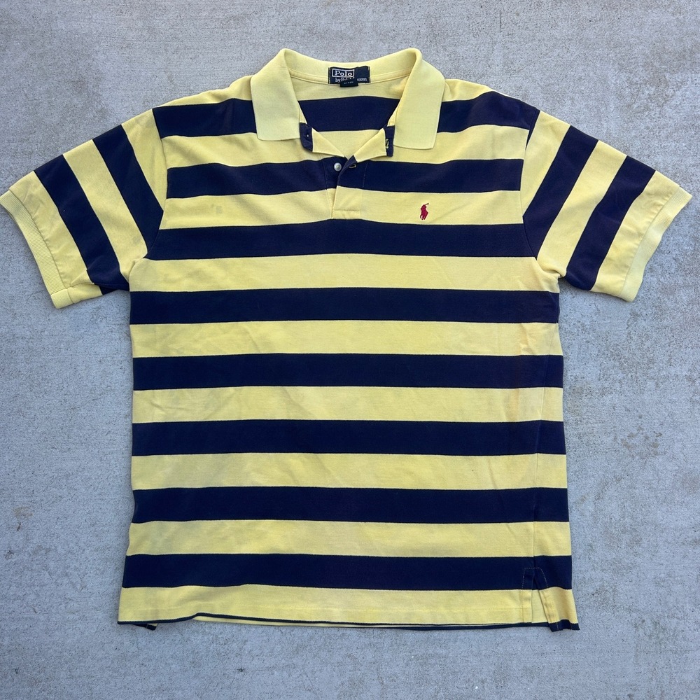 Polo Ralph Lauren Striped Polo Shirt Large Yellow Navy Blue Vintage Y2K Skater
